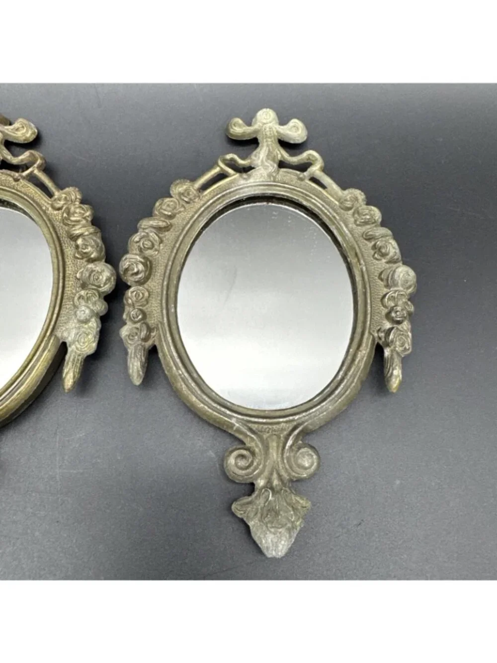 VTG 6” Ornate Gold Bronze Wall Hanging Mirror Set Floral Bow Rocco Gallery Italy